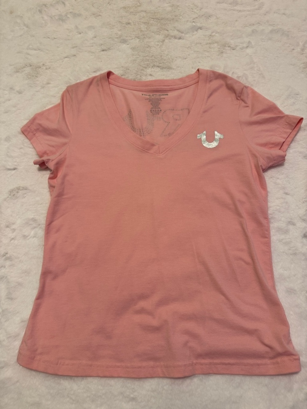 True Religion Women's Light Pink V-Neck Tee with Silver Logo